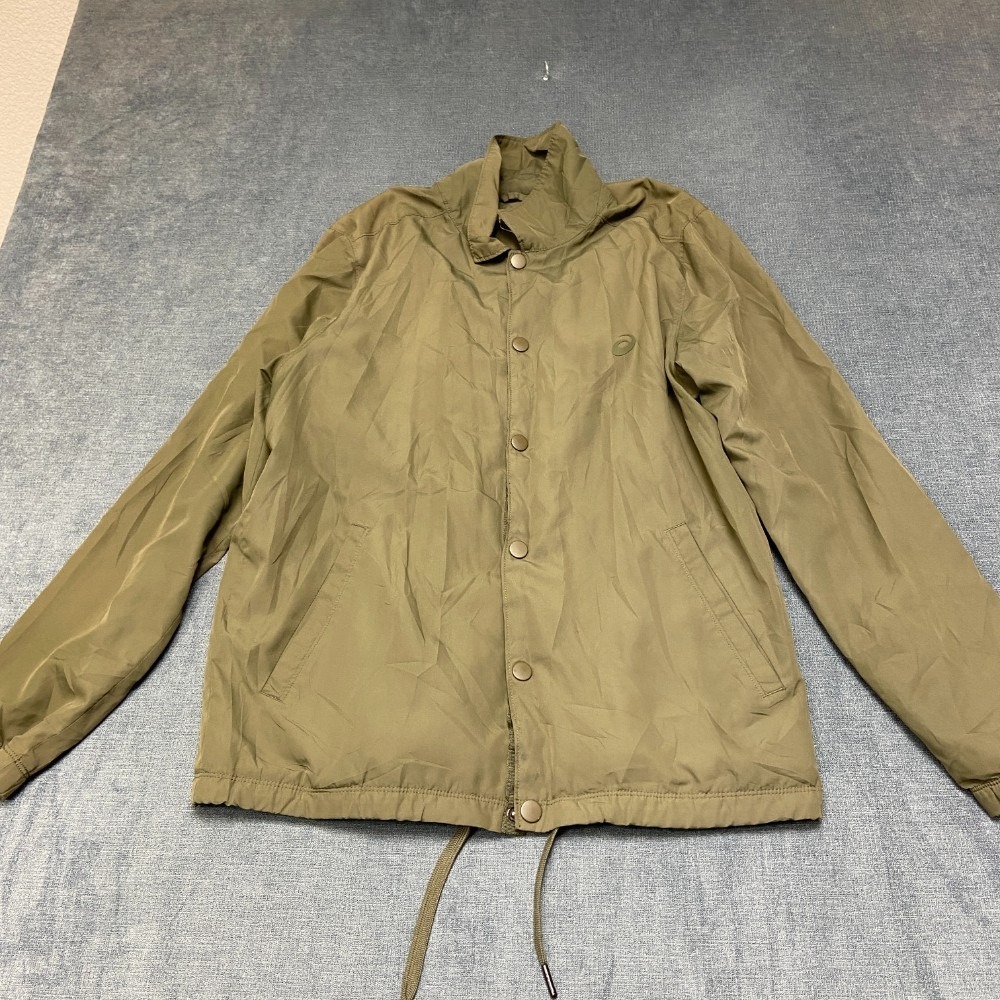 Asics Windbreaker Jacket Mens Small Olive Green Snap Front Outdoor Drawcord Hem